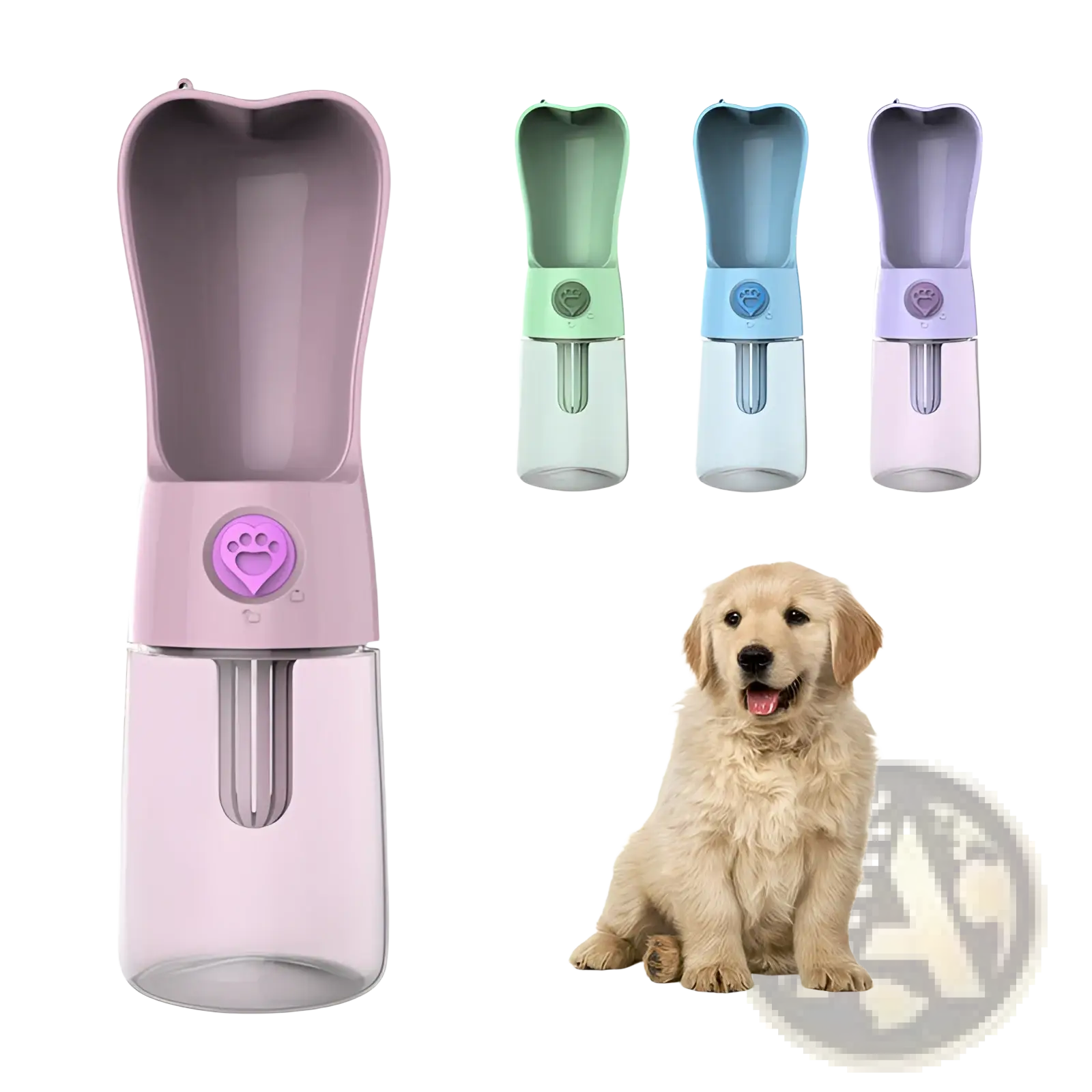 Portable dog water bottle featuring a pink translucent body with a purple paw print button and a clear base with activated carbon filter