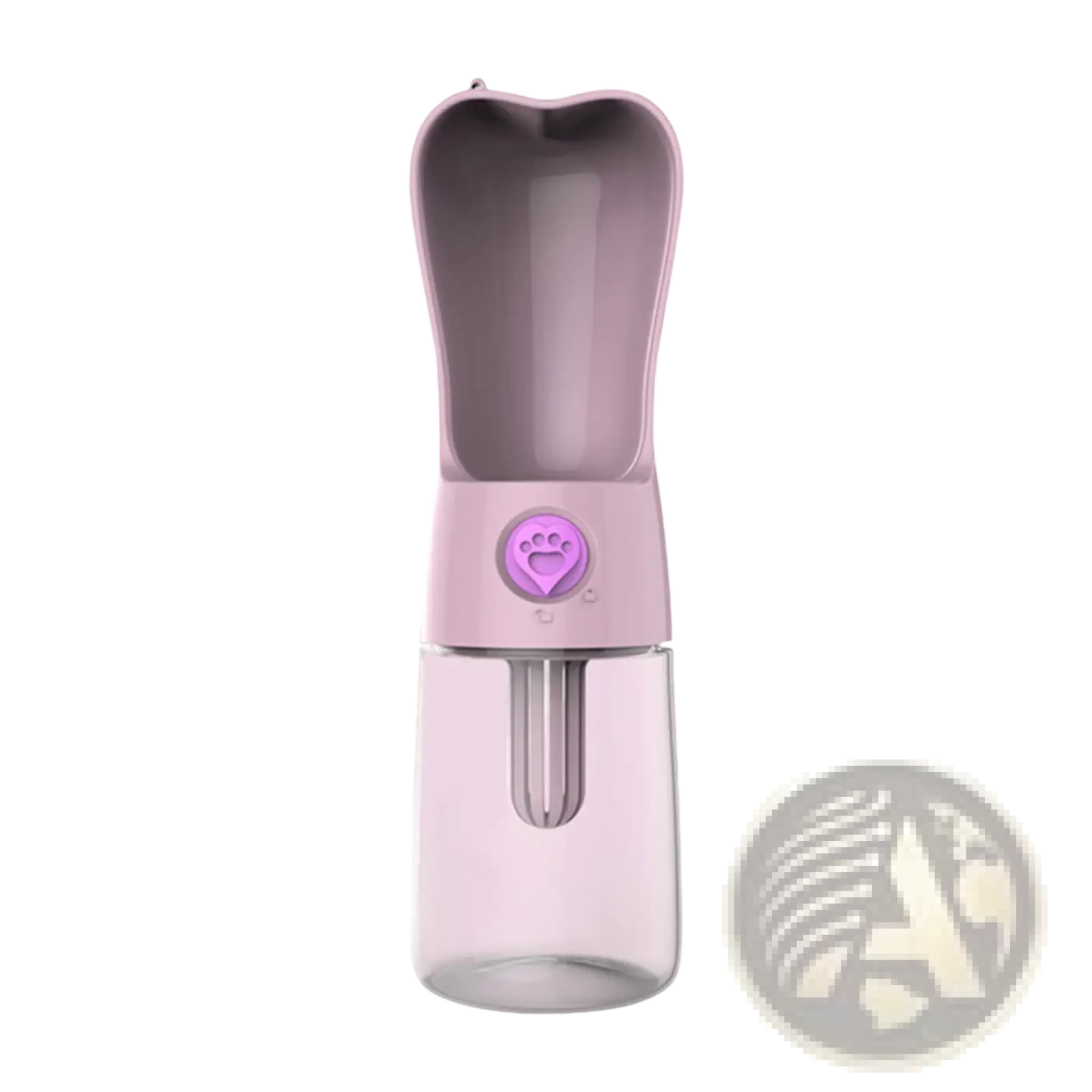 Portable dog water bottle in pink with activated carbon filter transparent base and paw-print button for easy use