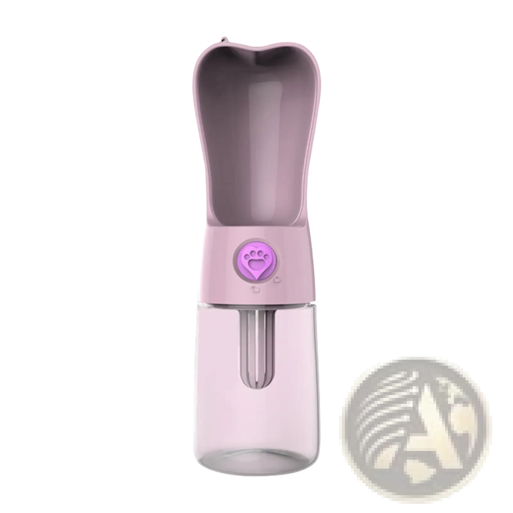Portable dog water bottle in pink with activated carbon filter transparent base and paw-print button for easy use