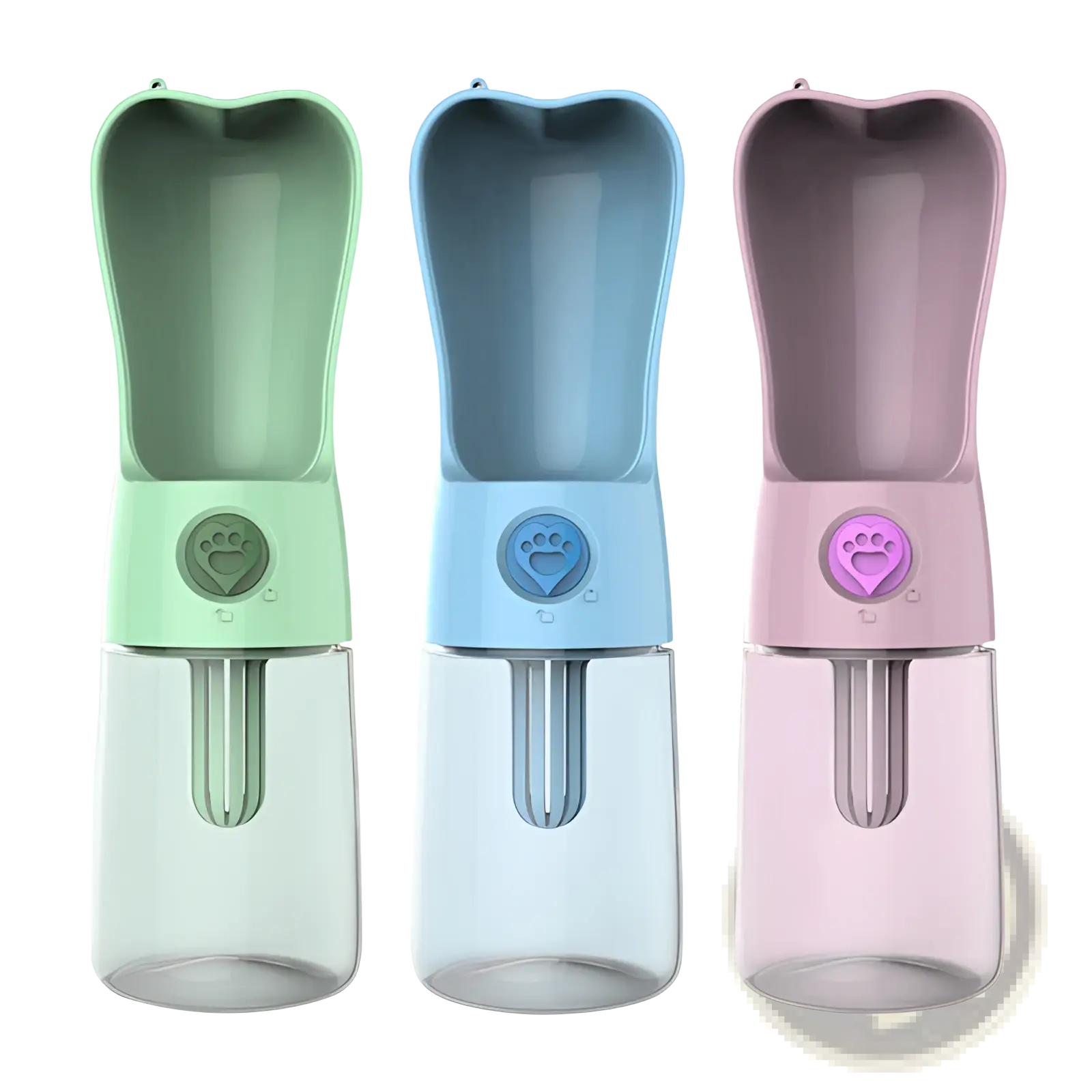 Three pastel portable dog water bottles with translucent lower sections and paw-print button upper parts with activated carbon filters