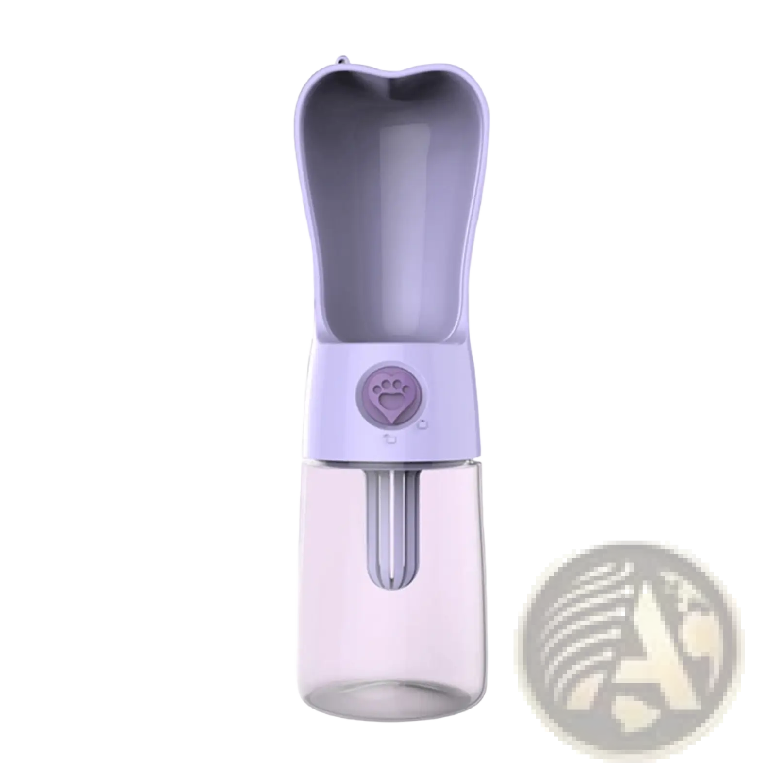 Portable dog water bottle with activated carbon filter featuring purple plastic body clear base and paw print button