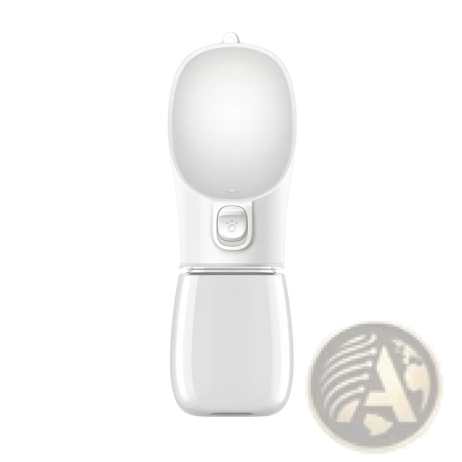 White plastic portable dog water bottle and dispenser with green label and side button for easy use