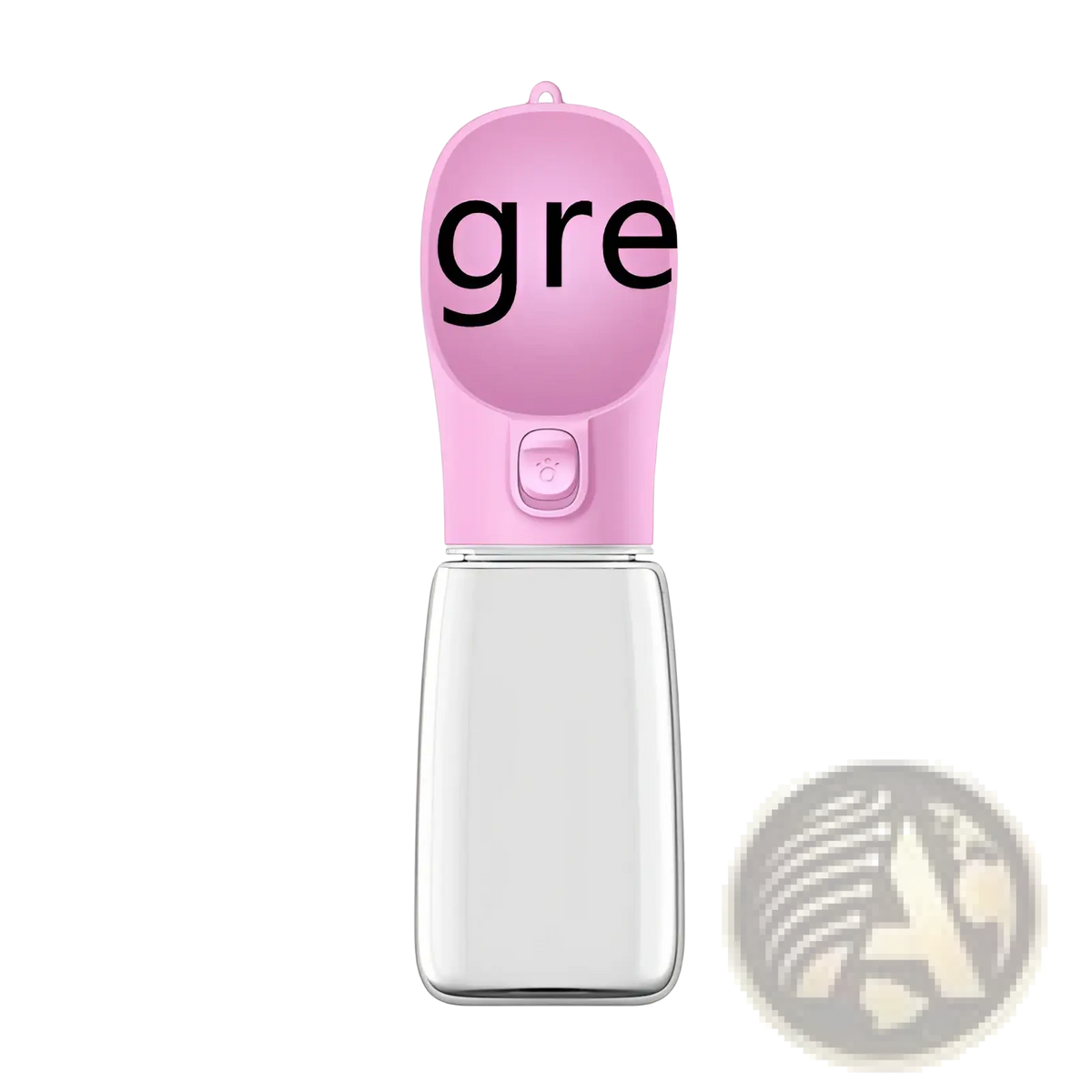 Portable dog water bottle and dispenser in pink and clear plastic with a green c25 green label for easy hydration