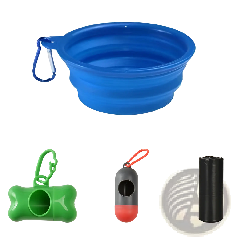 Blue collapsible silicone dog water bowl with carabiner clip for portable dog water bottle and dispenser use