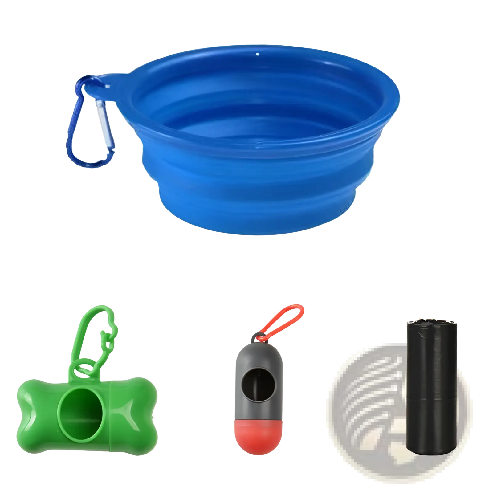 Blue collapsible silicone dog water bowl with carabiner clip for portable dog water bottle and dispenser use