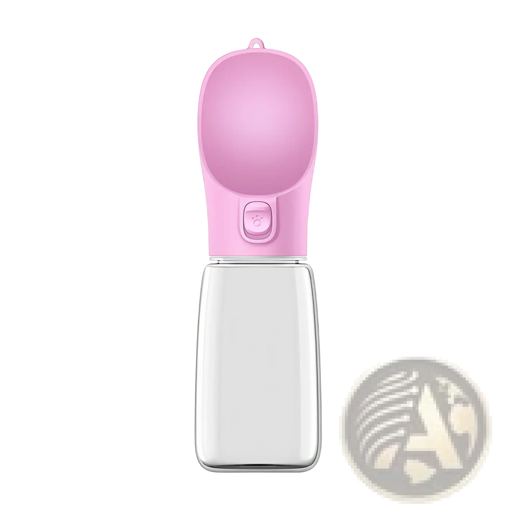 Portable dog water bottle and dispenser with pink silicone body clear plastic base and button-operated spout
