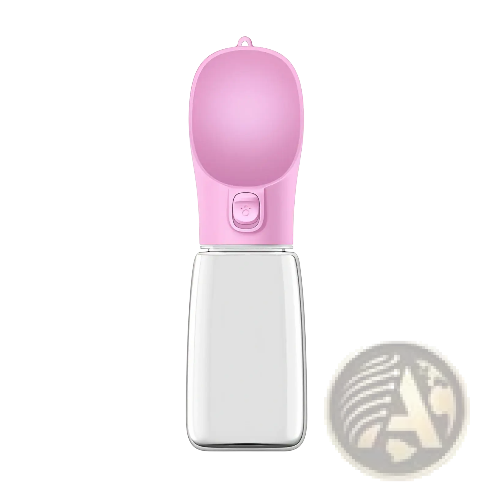 Portable dog water bottle and dispenser with pink silicone body clear plastic base and button-operated spout