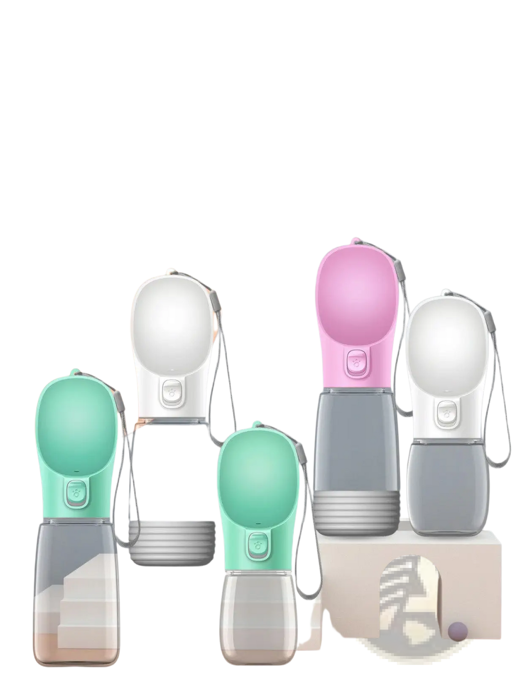 Portable dog water bottle and dispenser in pink and white with a soft silicone sipper top for easy hydration