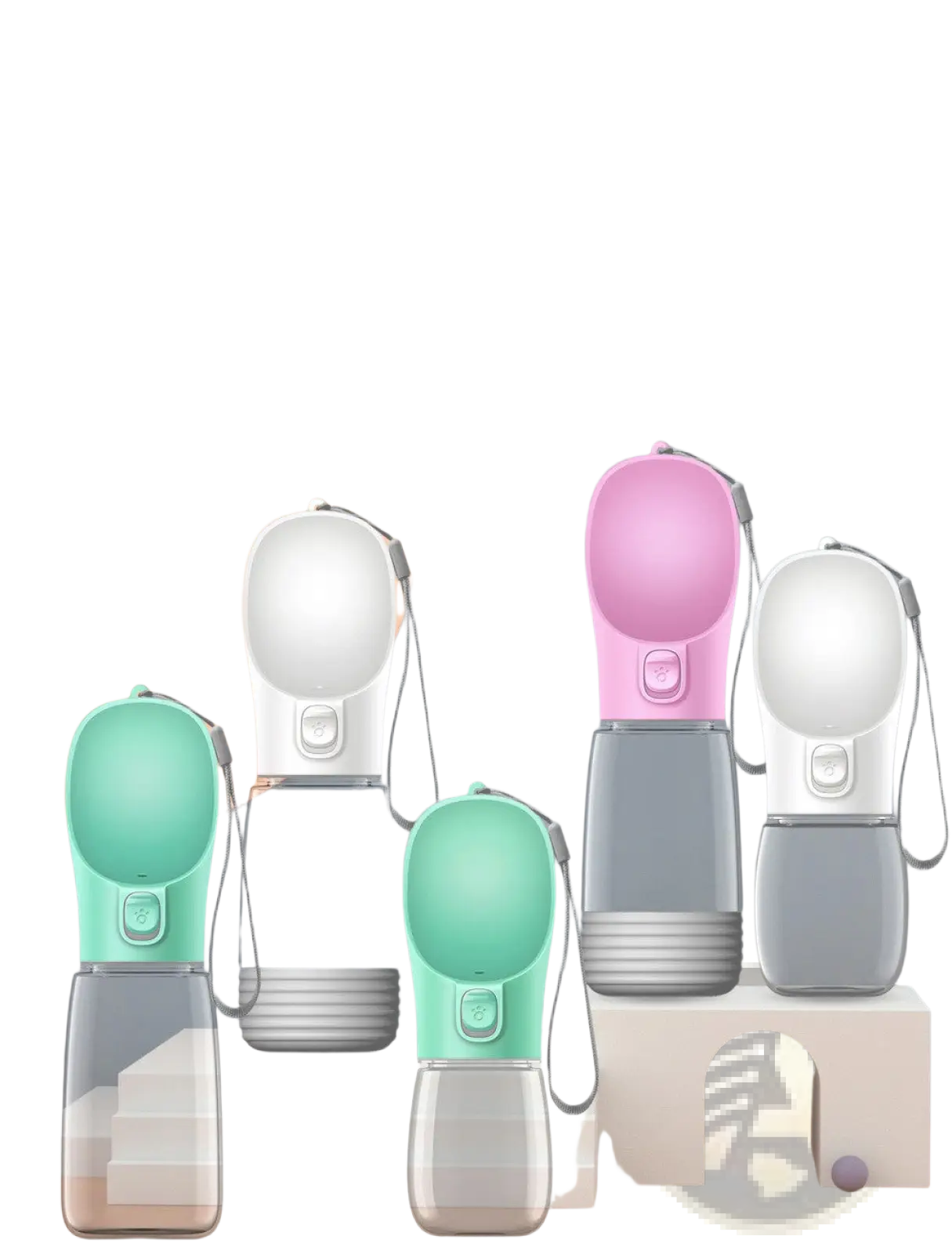 Portable dog water bottle and dispenser in pink and white with a soft silicone sipper top for easy hydration