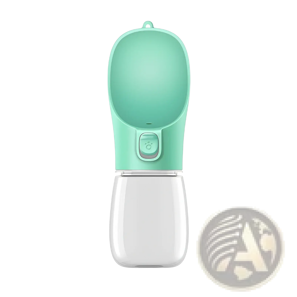 Portable dog water bottle and dispenser in sleek mint green silicone with clear reservoir and paw-print button