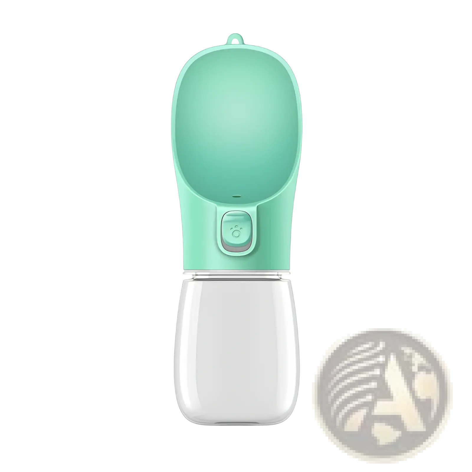 Portable dog water bottle and dispenser in sleek mint green silicone with clear reservoir and paw-print button