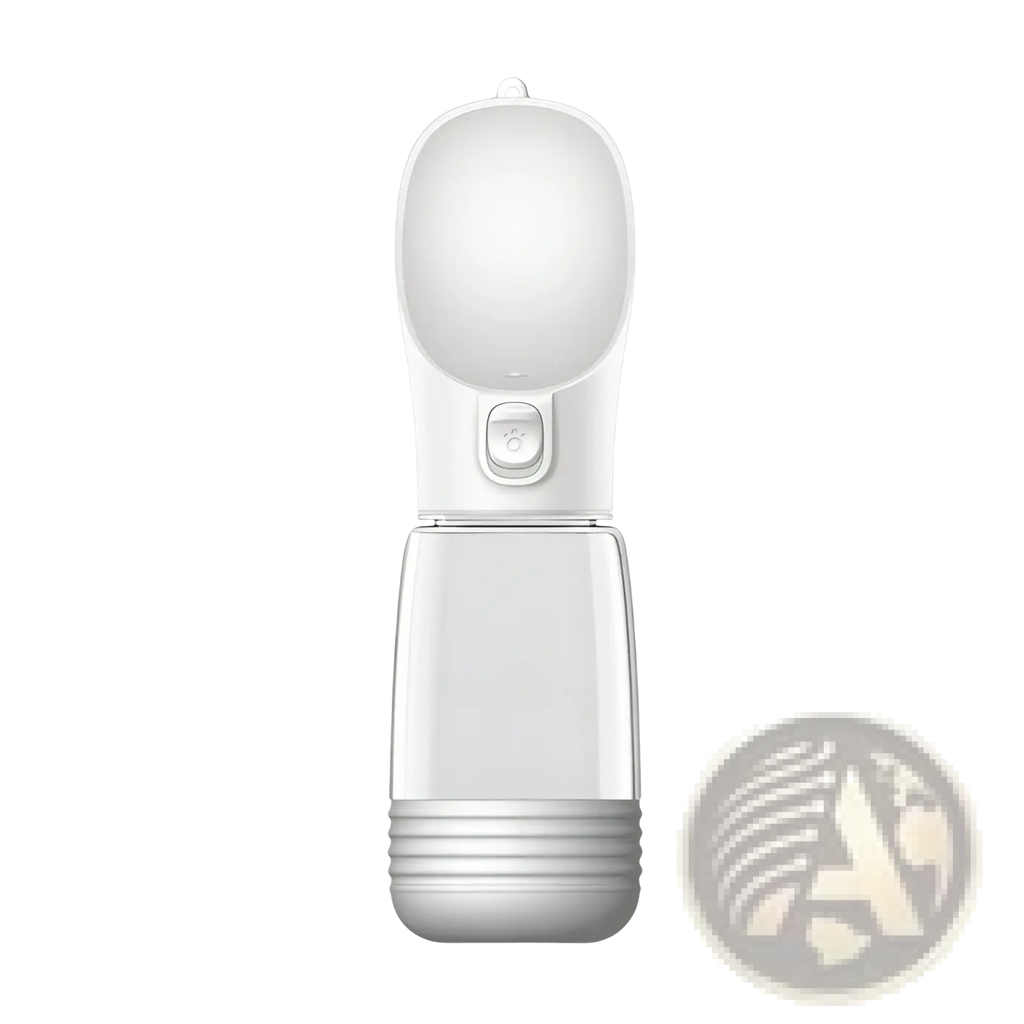 Portable dog water bottle and dispenser in white plastic with a clear reservoir and textured base for easy grip