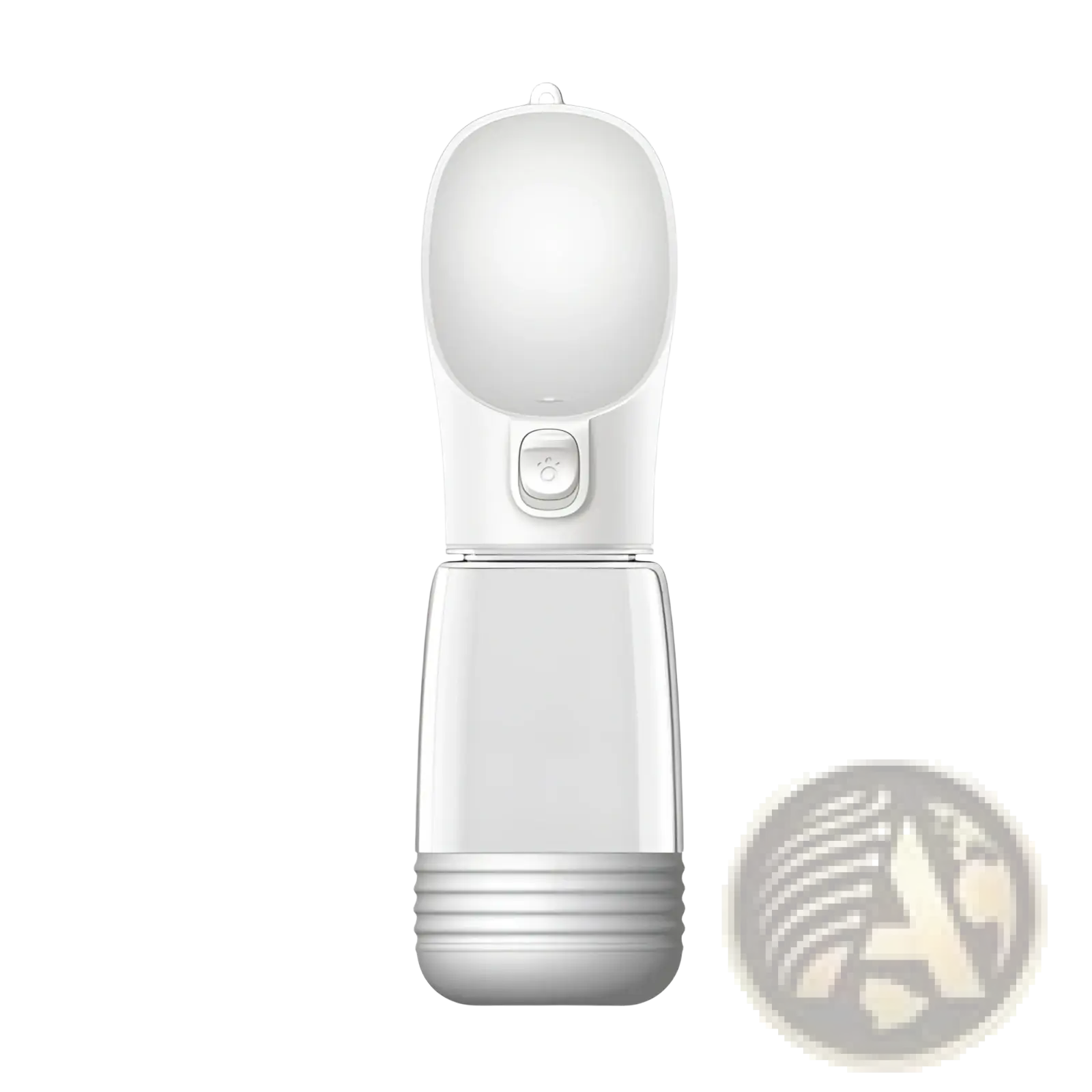 Portable dog water bottle and dispenser in white plastic with a clear reservoir and textured base for easy grip
