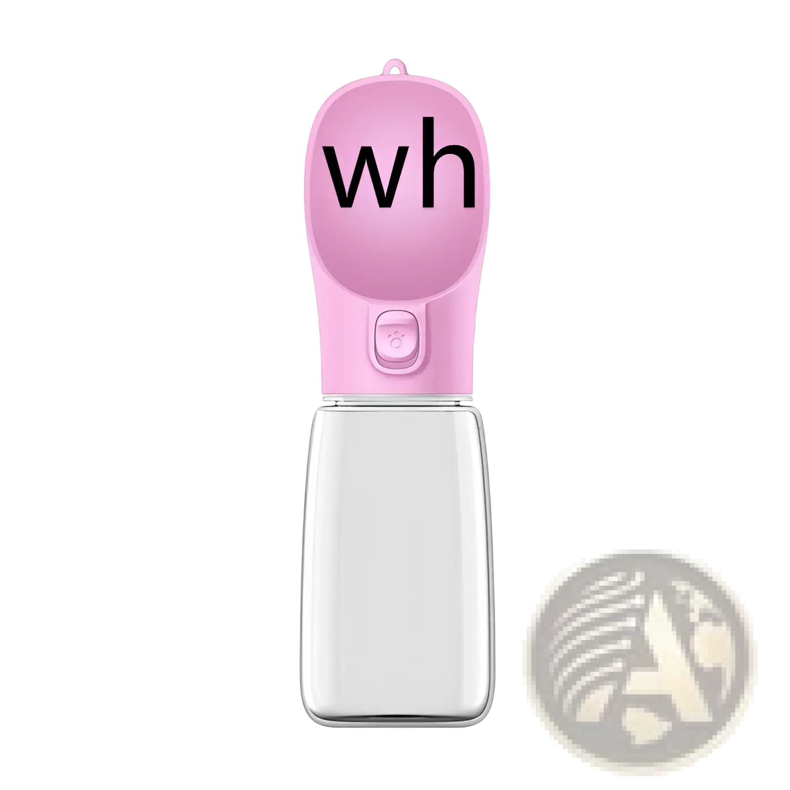 Portable dog water bottle and dispenser in pink and clear plastic with a white button on the top for easy use