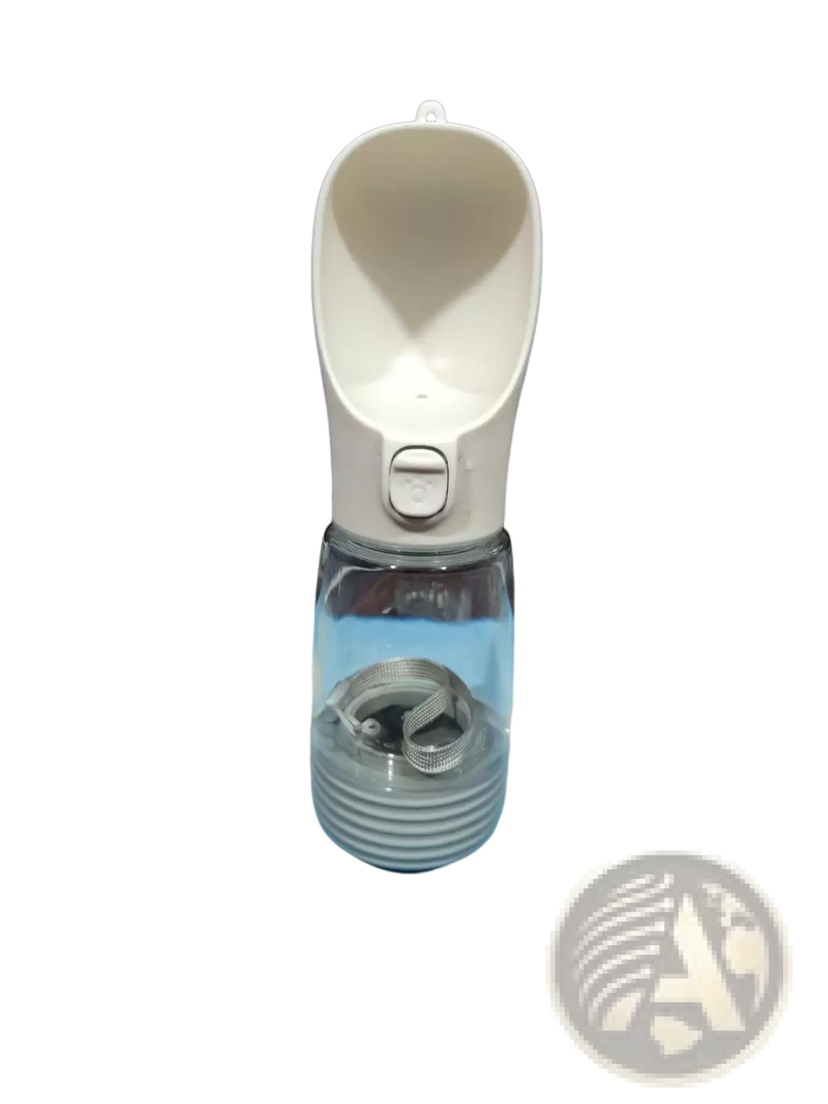 Portable dog water bottle and dispenser made of white plastic and clear glass with spout filter and screw-on cap