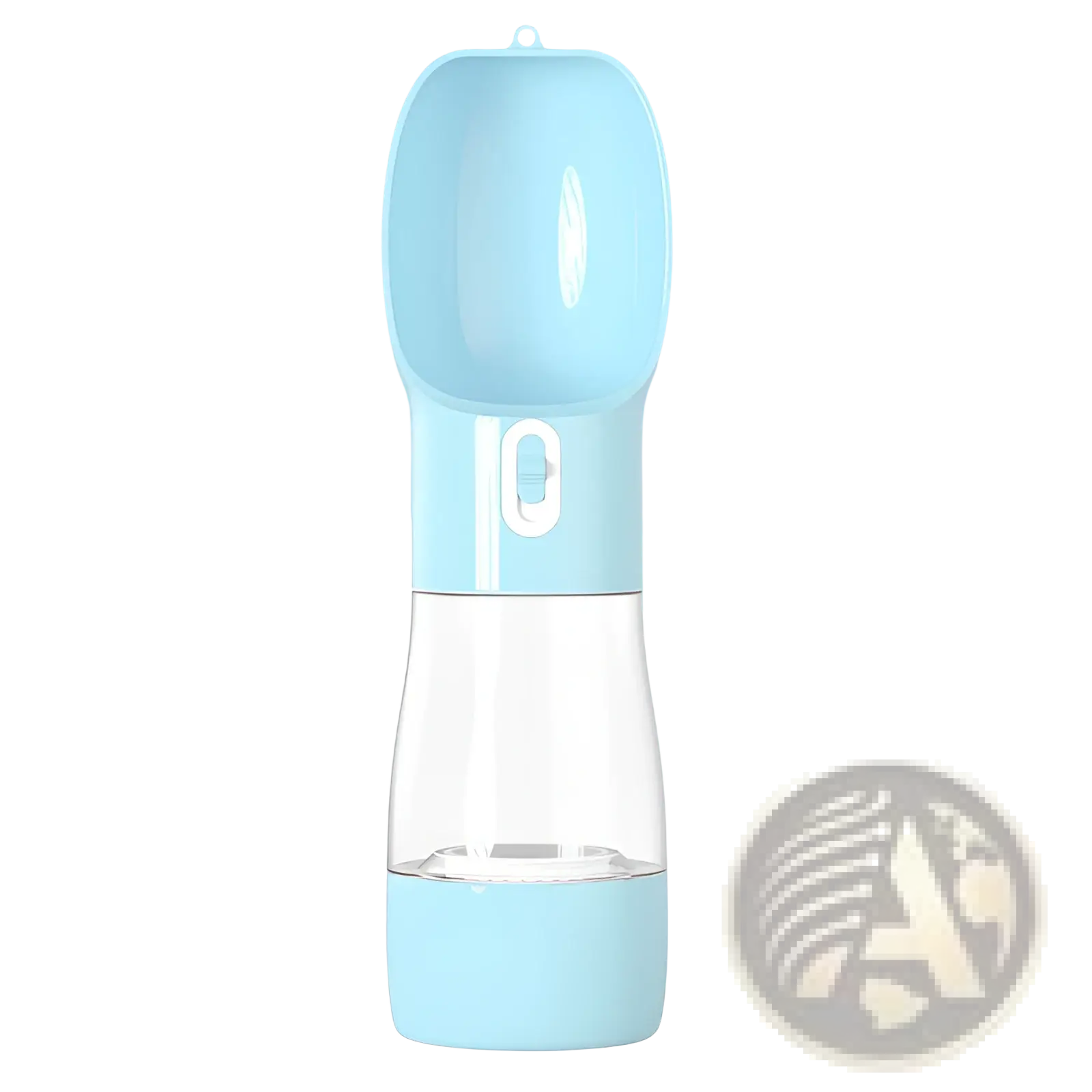 Portable dog water bottle and food dispenser 2 in 1 in light blue silicone and transparent plastic with spout for easy drinking