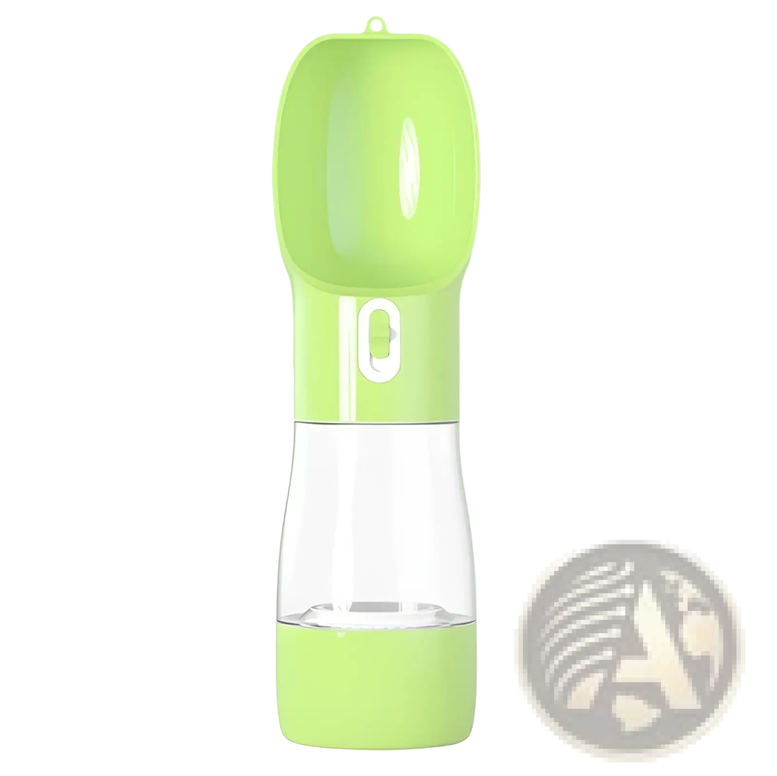 Portable dog water bottle and food dispenser 2 in 1 lime green with clear plastic body and built-in spout