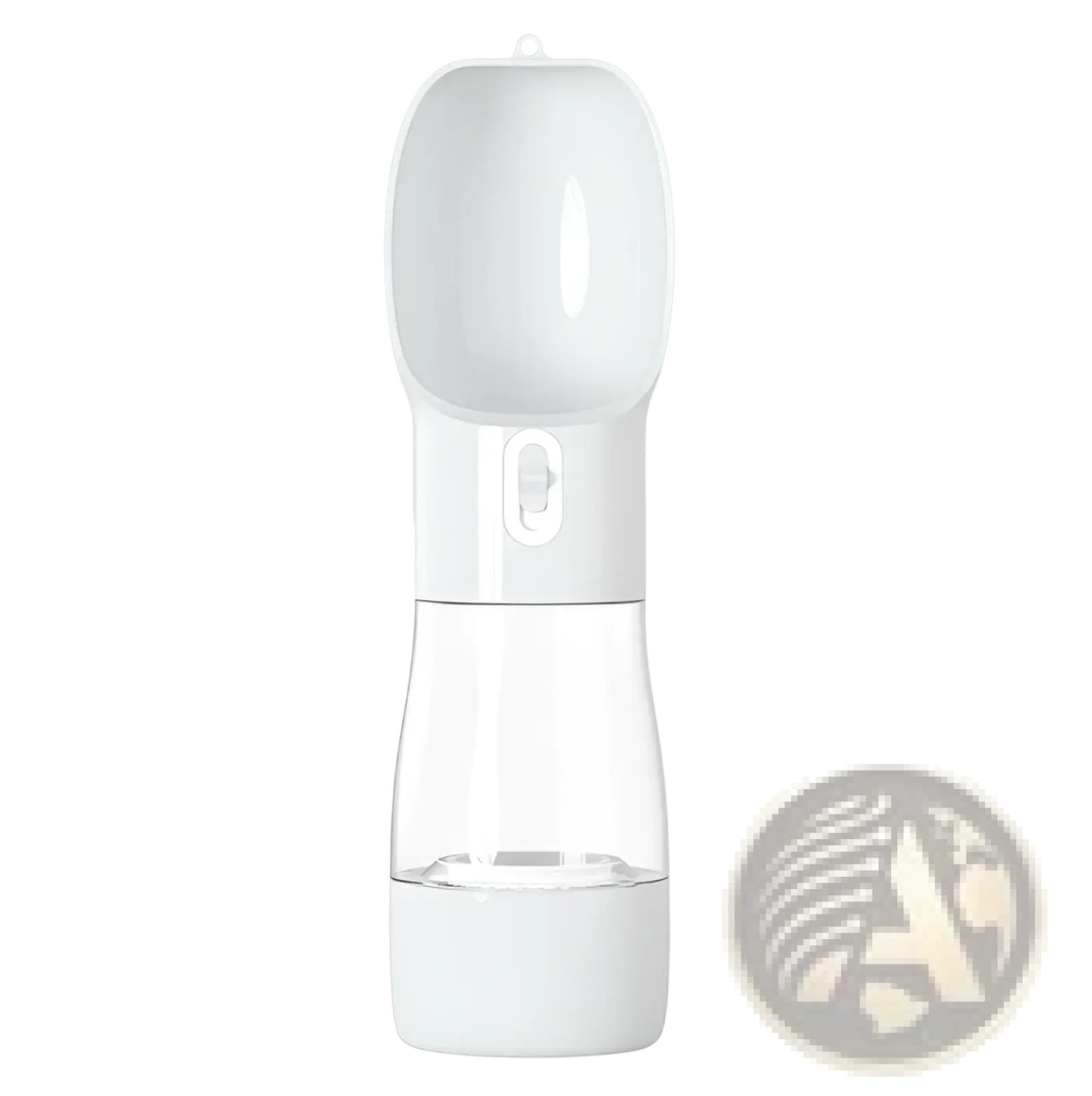 Portable dog water bottle and food dispenser 2 in 1 in white plastic with clear lower section and flip-top spout