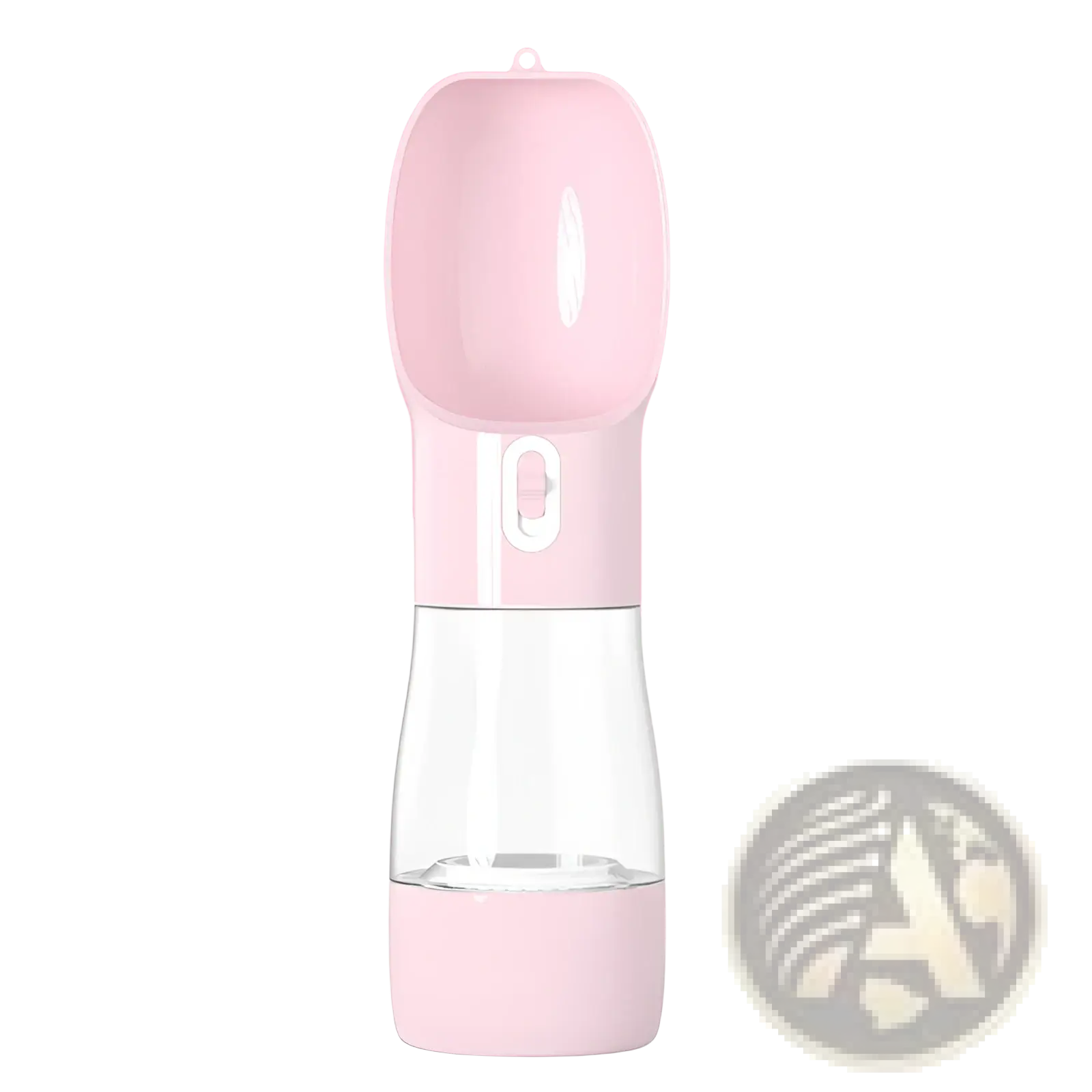 Portable dog water bottle and food dispenser 2 in 1 with pink silicone and transparent plastic built-in spout