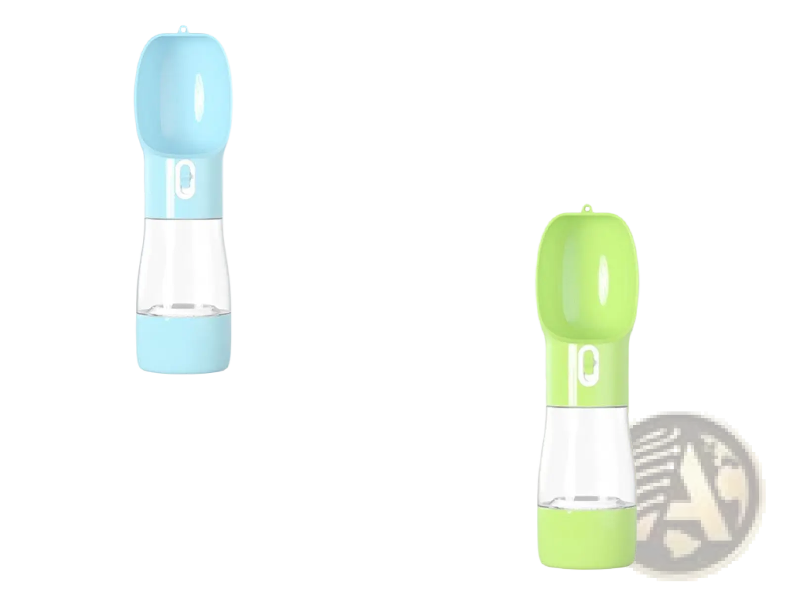 Portable dog water bottle and food dispenser 2 in 1 in light blue transparent plastic with green variant available