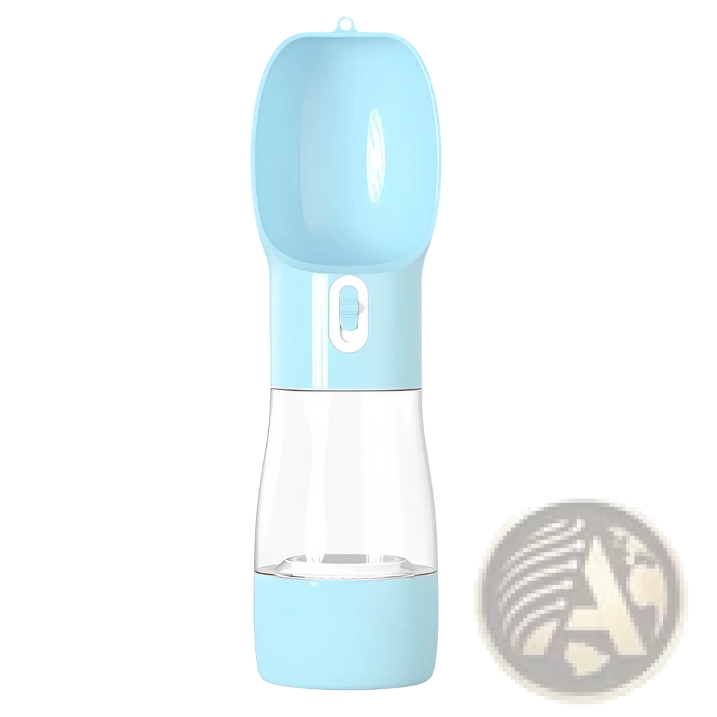 Portable dog water bottle and food dispenser 2 in 1 with light blue silicone and transparent plastic spout for easy drinking