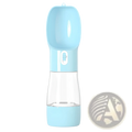 Portable dog water bottle and food dispenser 2 in 1 with light blue silicone and transparent plastic spout for easy drinking