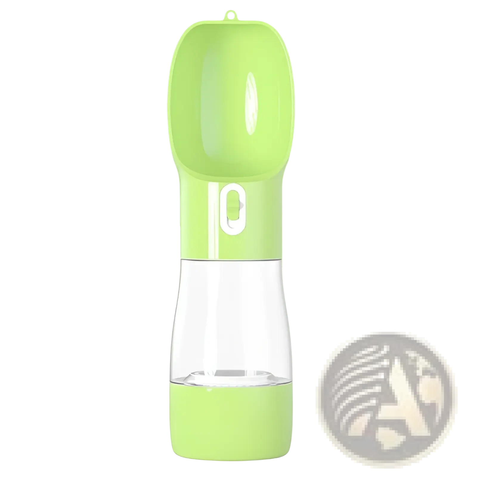 Portable dog water bottle and food dispenser 2 in 1 lime green with clear body and white side button for easy use