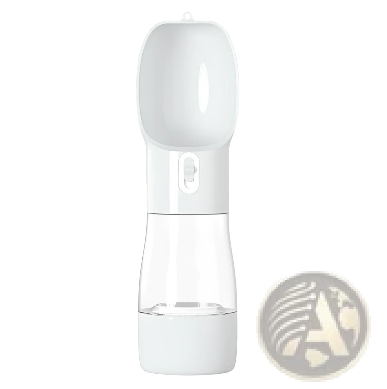 Portable dog water bottle and food dispenser 2 in 1 made of white plastic with clear reservoir and built-in spout
