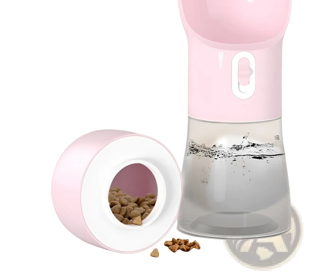 Portable dog water bottle and food dispenser 2 in 1 in pink and transparent with white button and detachable kibble compartment
