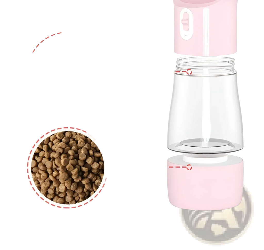 Pink plastic and glass portable dog water bottle and food dispenser 2 in 1 with 258ml water and 200ml kibble capacity