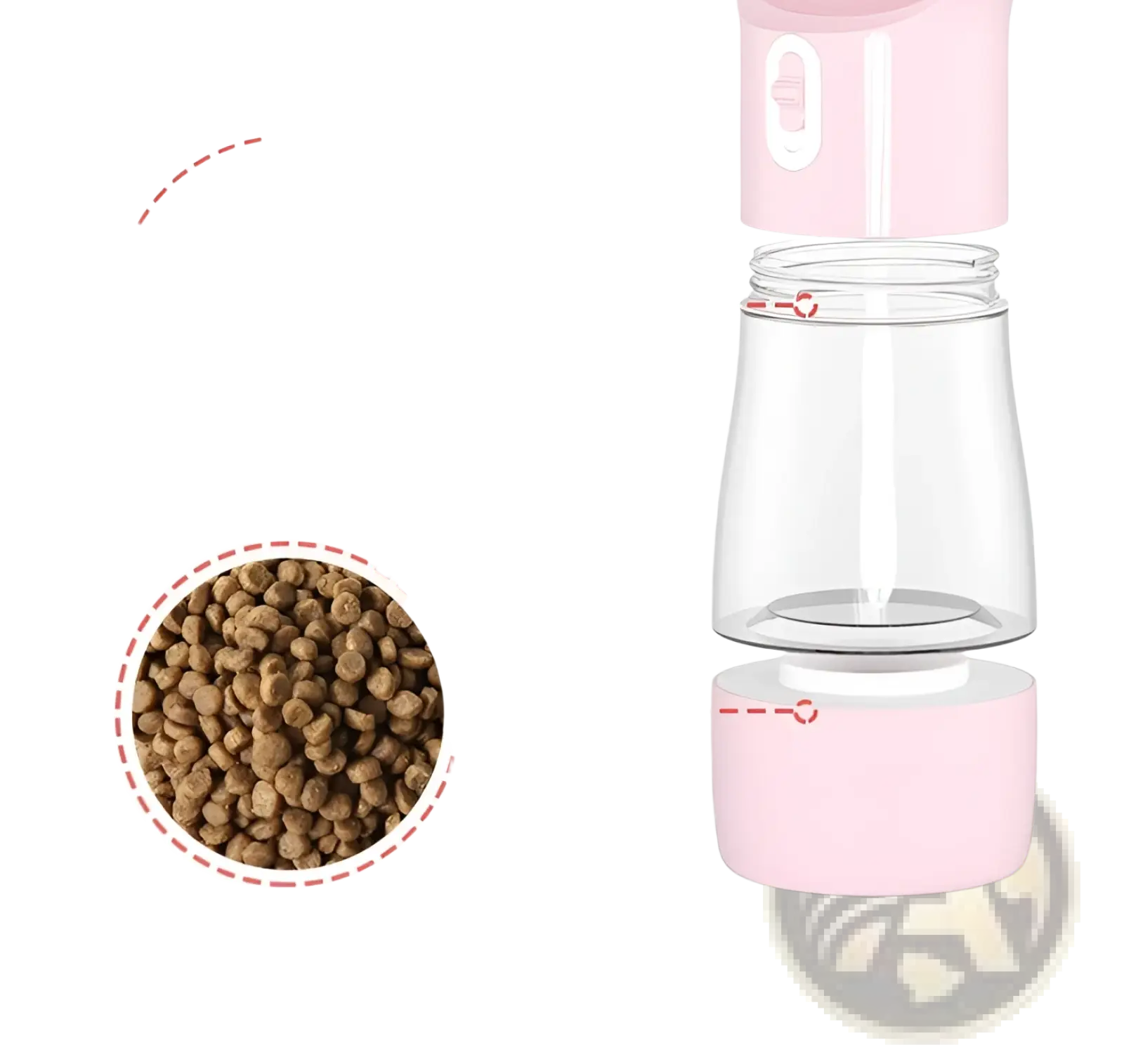 Pink plastic and glass portable dog water bottle and food dispenser 2 in 1 with 258ml water and 200ml kibble capacity