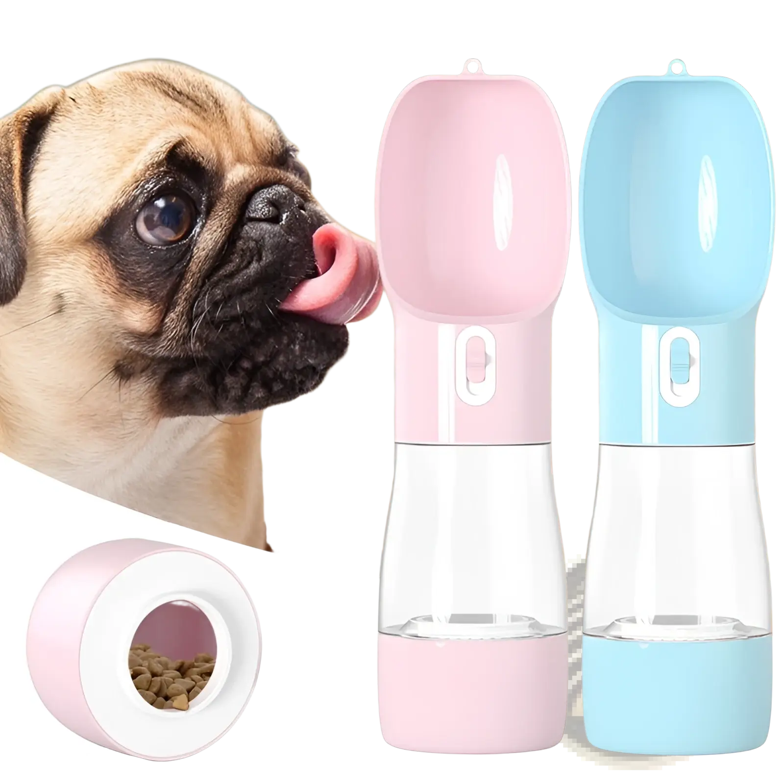 Portable dog water bottle and food dispenser 2 in 1 in pink and light blue with clear middle section and white button detail