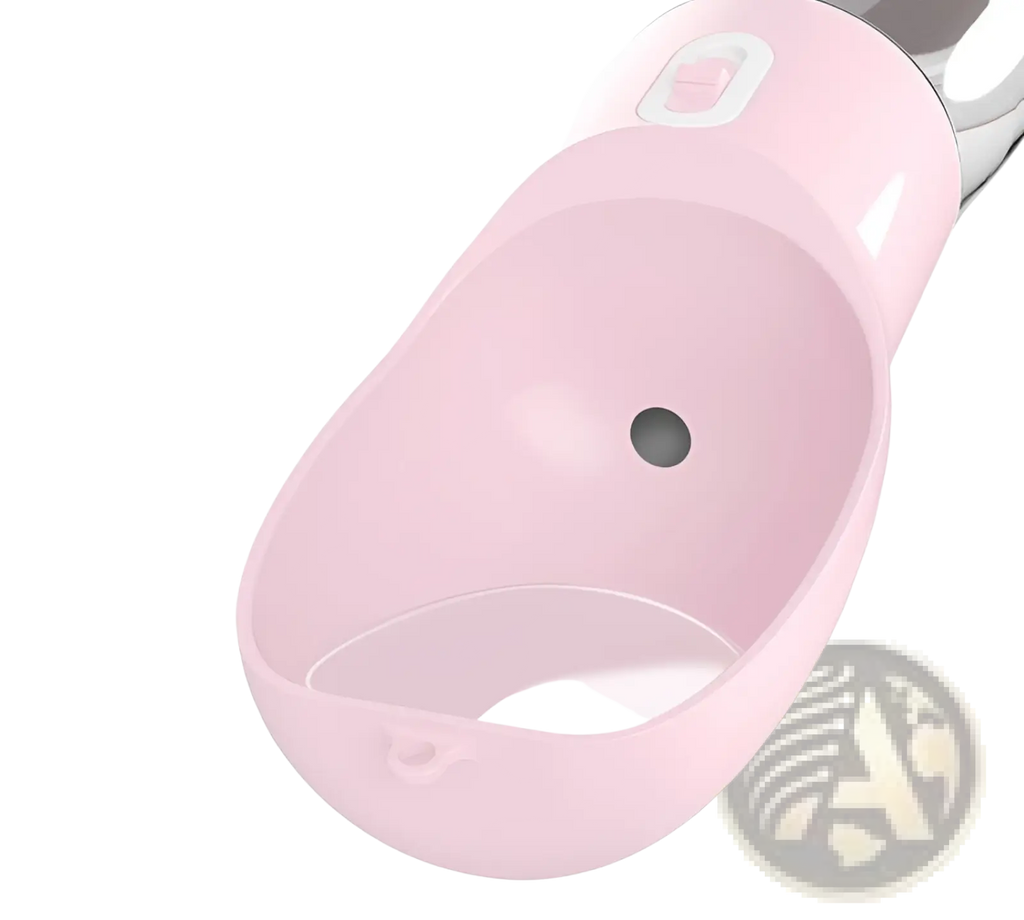 Portable dog water bottle and food dispenser 2 in 1 pink plastic with locking mechanism and small black spout