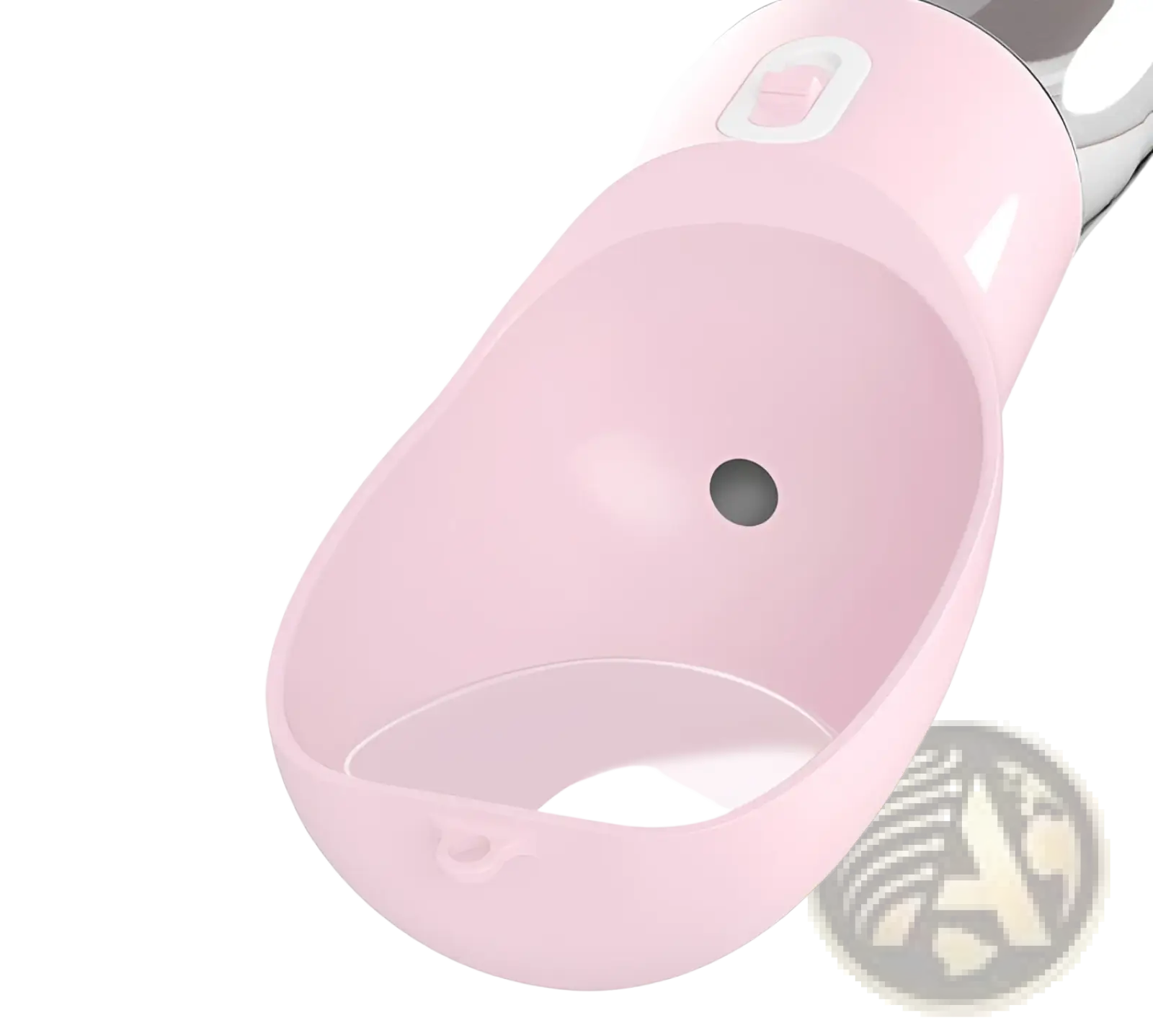 Portable dog water bottle and food dispenser 2 in 1 pink plastic with locking mechanism and small black spout