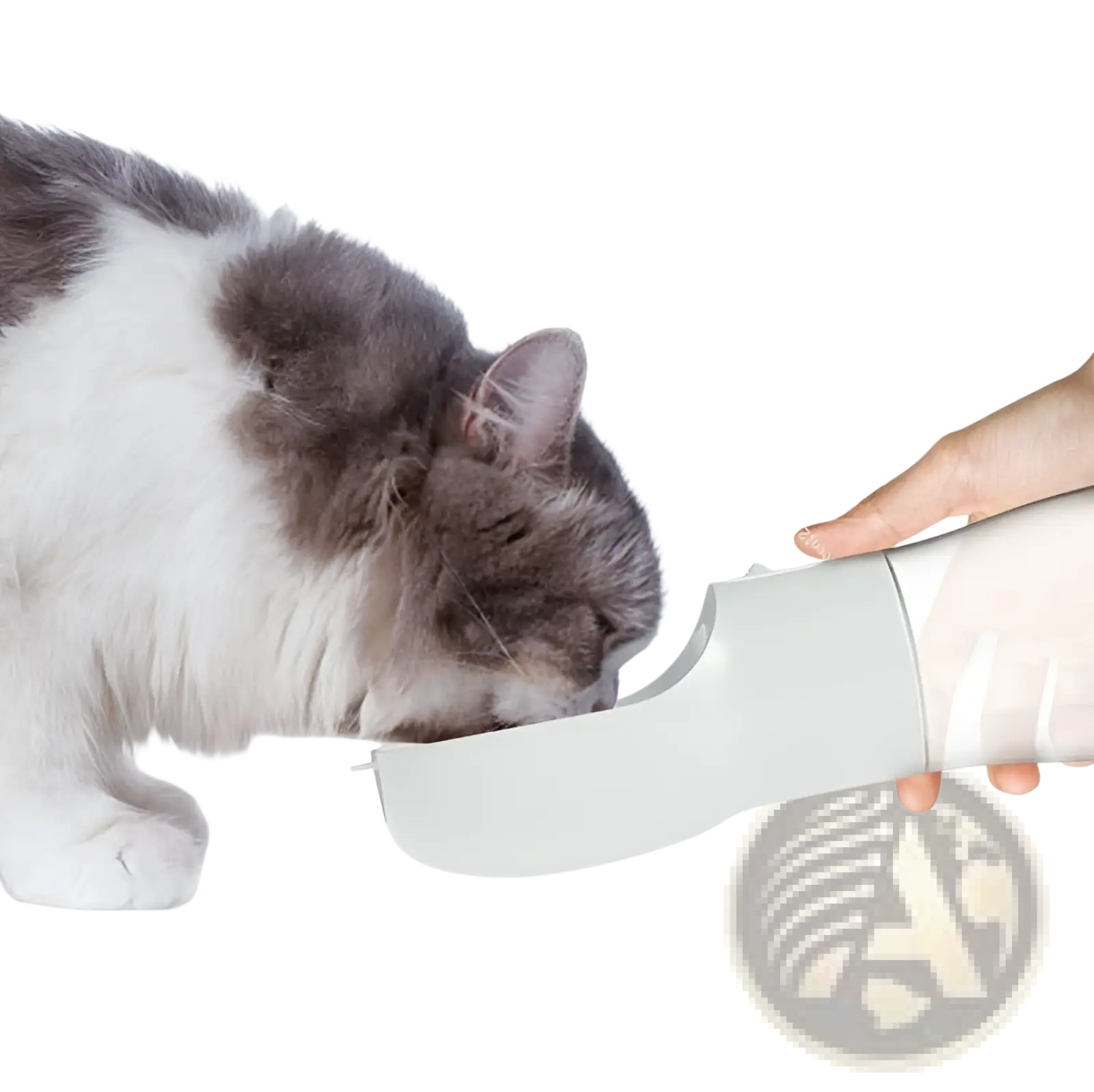 A sleek matte white portable dog water bottle and food dispenser 2 in 1 with a curved spout for easy drinking