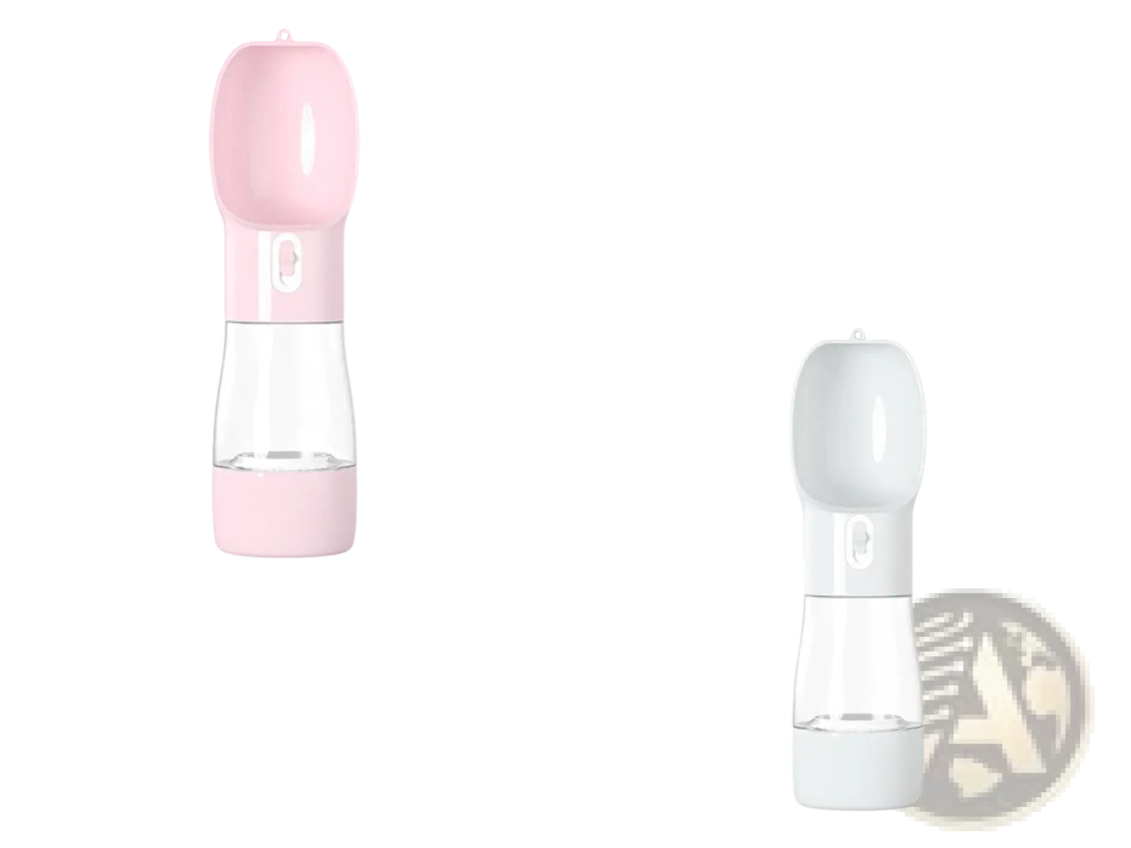 Portable dog water bottle and food dispenser 2 in 1 with pink and white design and clear middle section for hydration and feeding
