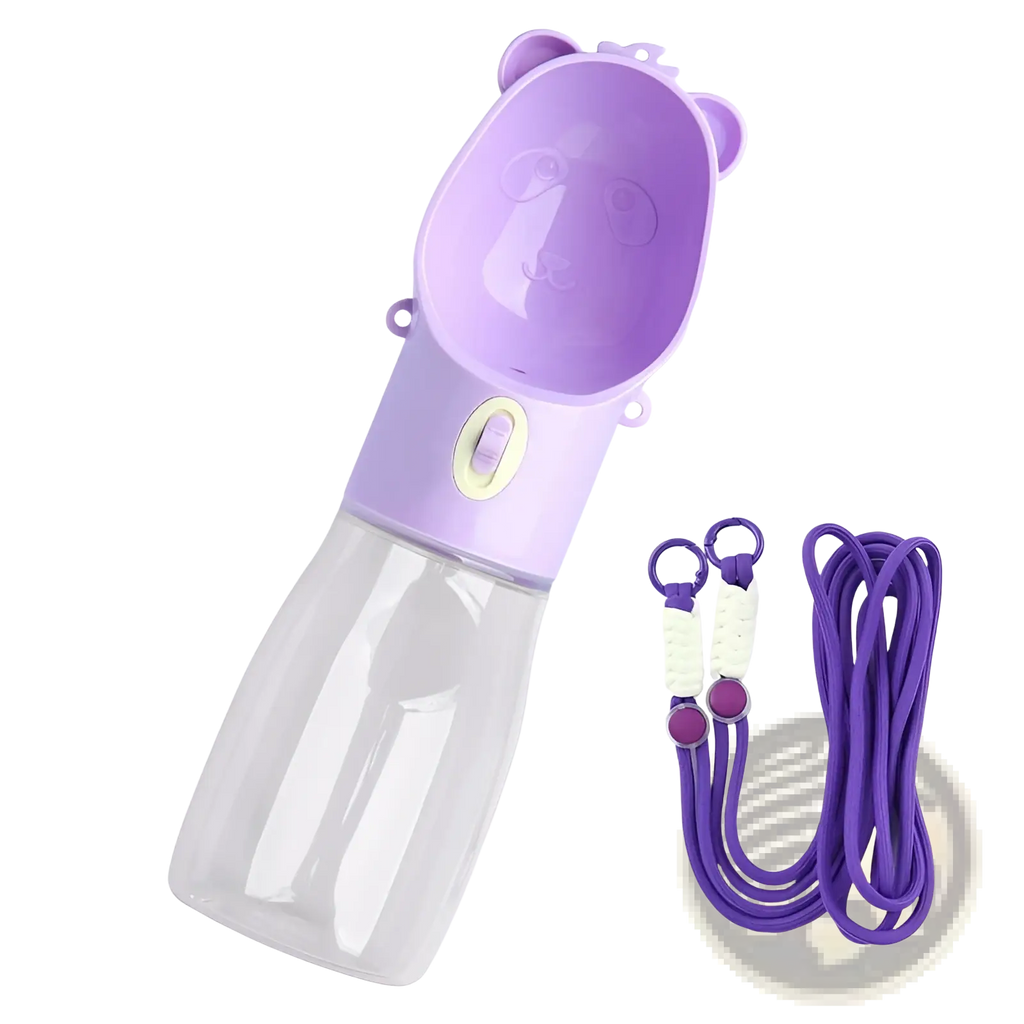 Portable dog water bottle food feeder in purple panda shape with 380ml clear plastic body for pets