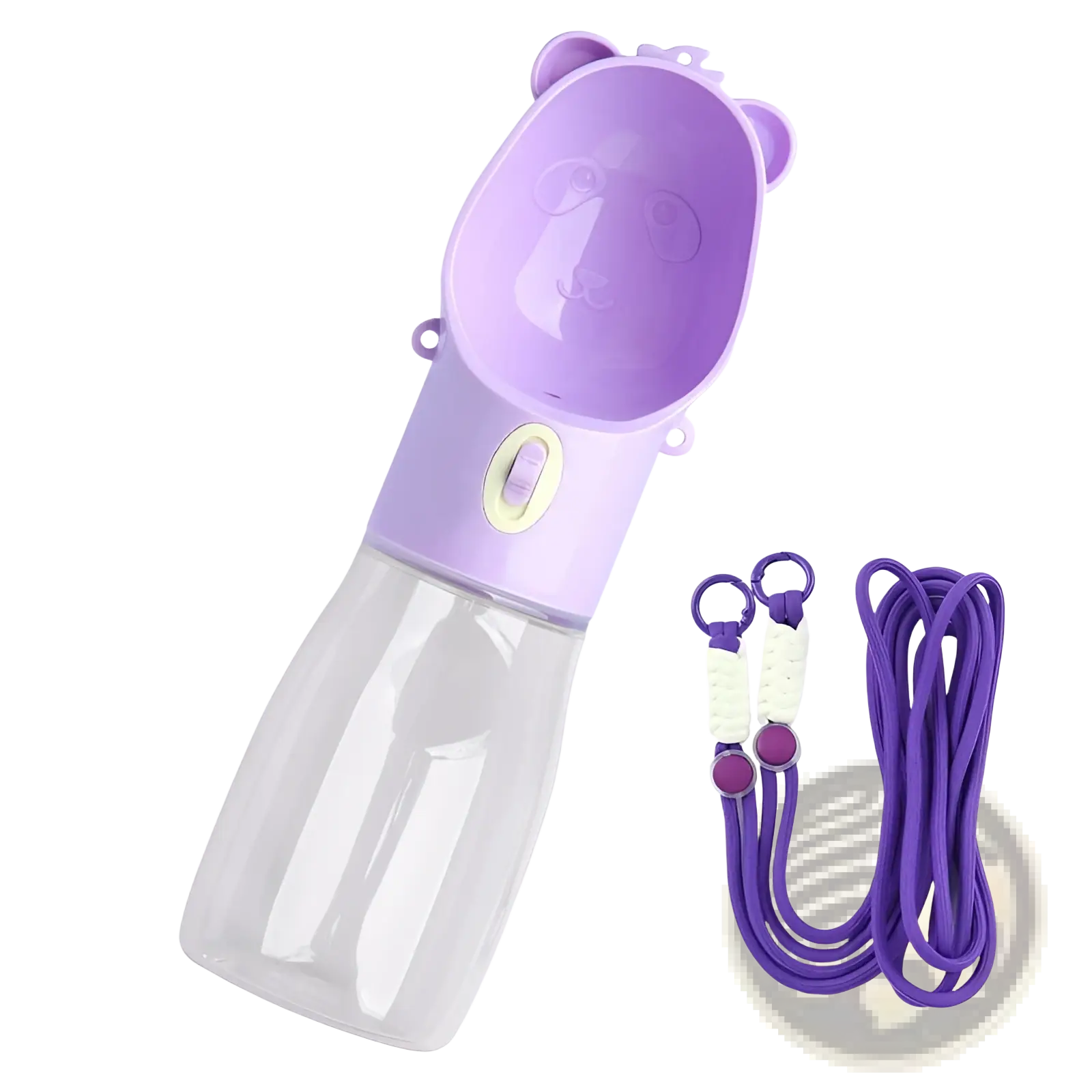 Portable dog water bottle food feeder in purple panda shape with 380ml clear plastic body for pets