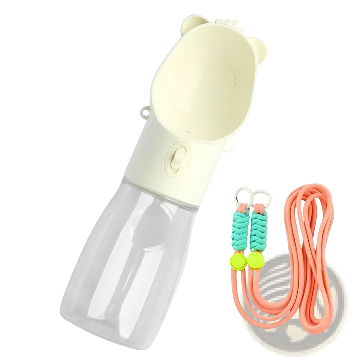 Portable dog water bottle food feeder in cream silicone and transparent plastic with bear-shaped spout 380ml capacity