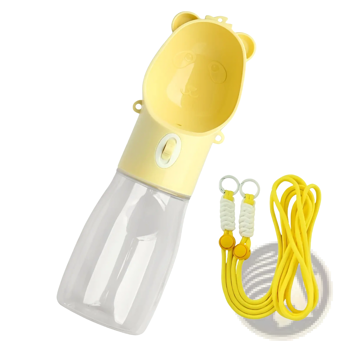 Yellow plastic portable dog water bottle with clear base and bear-shaped spout 380ml capacity for feeding