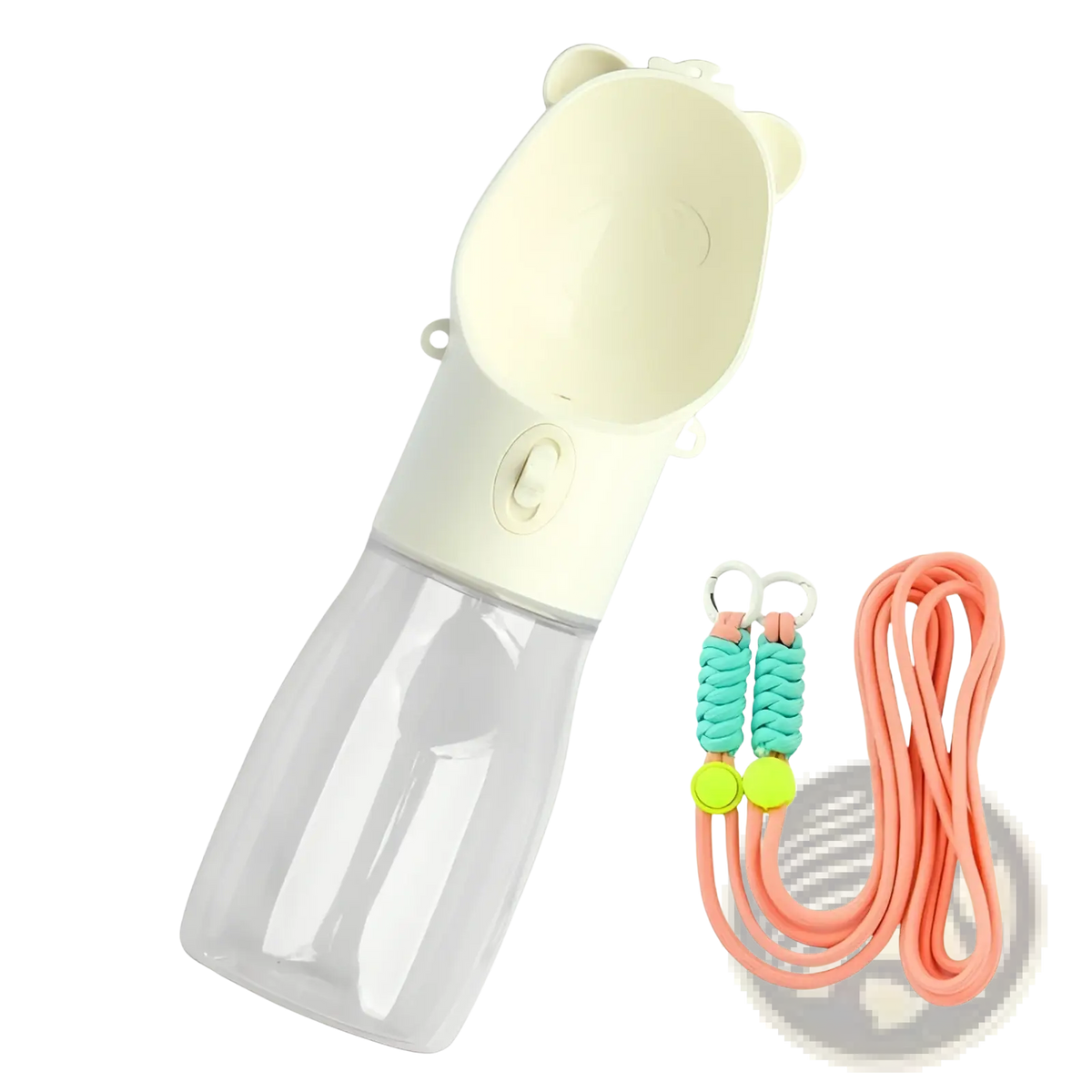 Cream-colored bear-shaped portable dog water bottle food feeder with transparent 500ml body and orange strap