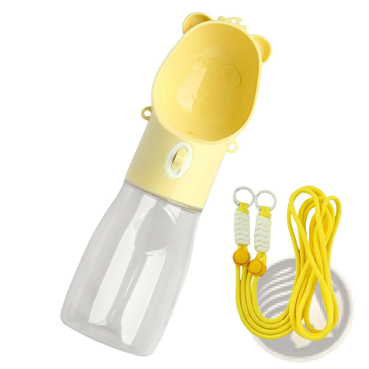 Yellow bear-shaped portable dog water bottle with 500ml clear body and matching yellow strap for feeding and hydration