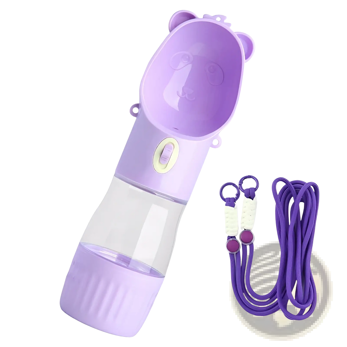 Portable dog water bottle food feeder in purple panda shape with clear plastic body 250ml water 180ml grain capacity