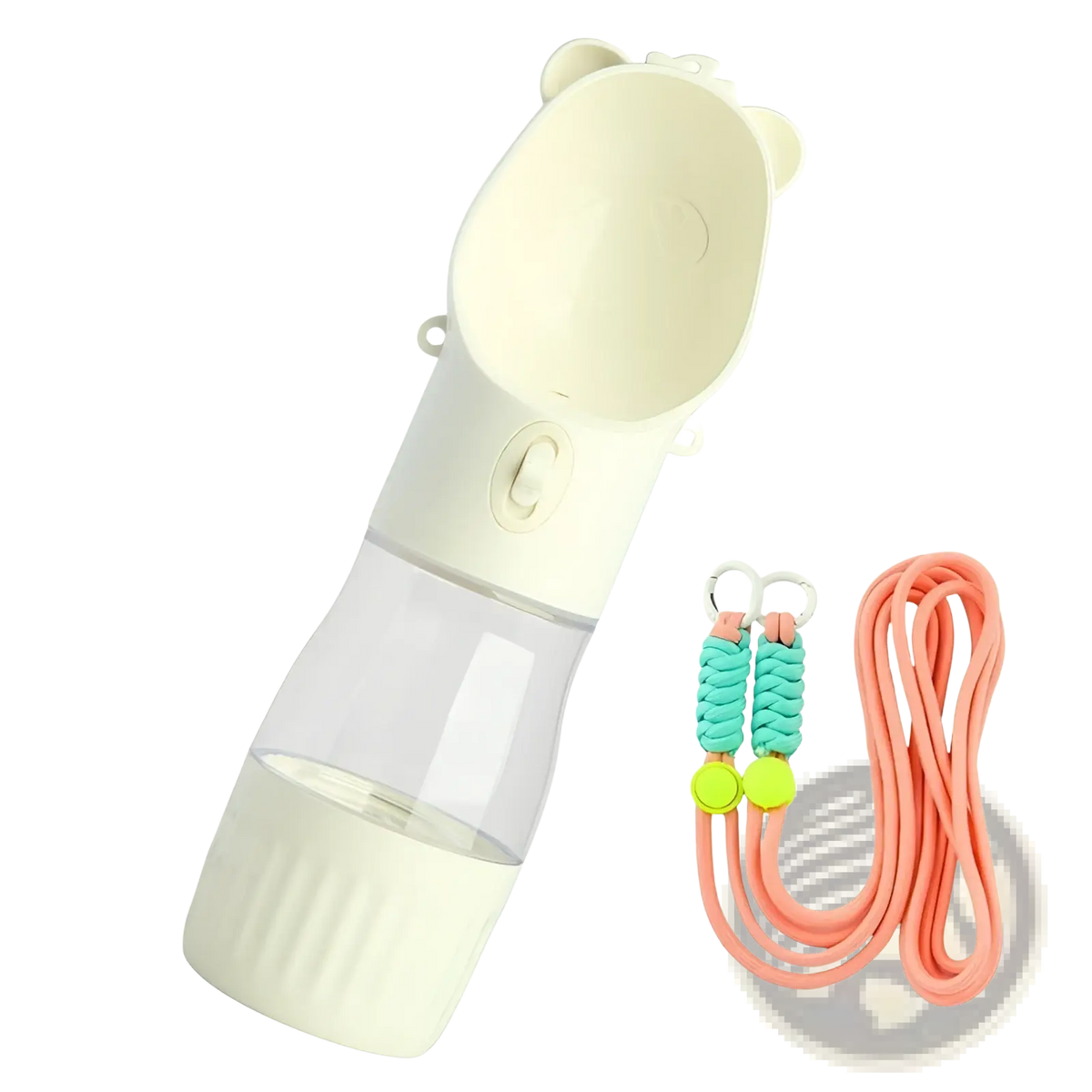 Cream-colored plastic portable dog water bottle food feeder with transparent dual compartments of 250ml and 180ml