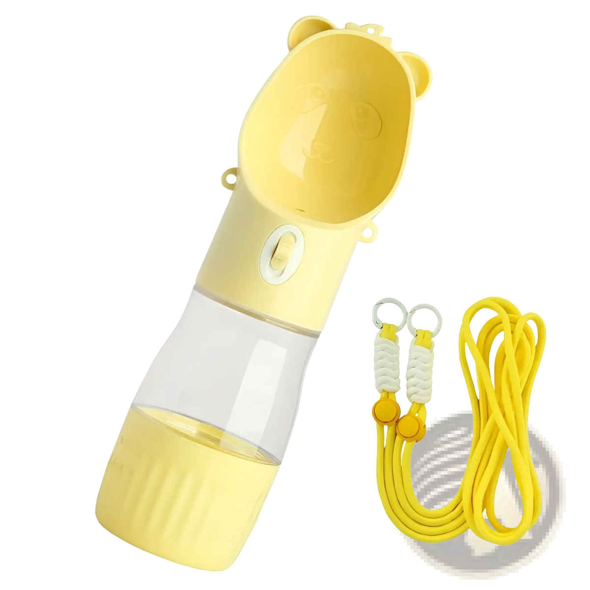 Portable dog water bottle food feeder in yellow bear shape with clear plastic body and 250ml 180ml capacity markings