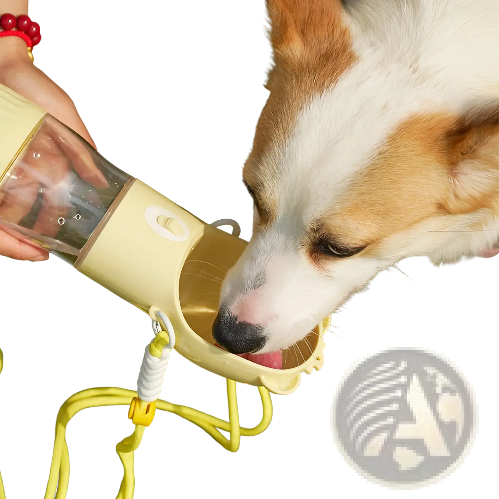 Cream-colored portable dog water bottle food feeder with clear reservoir and yellow strap for easy carrying