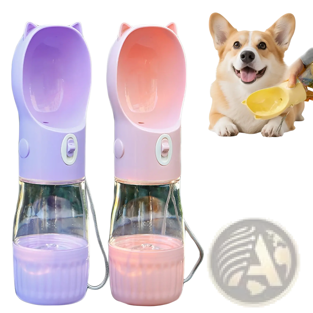 Portable dog water bottle food feeder in purple and pink cat shape with a clear glass base for hydration