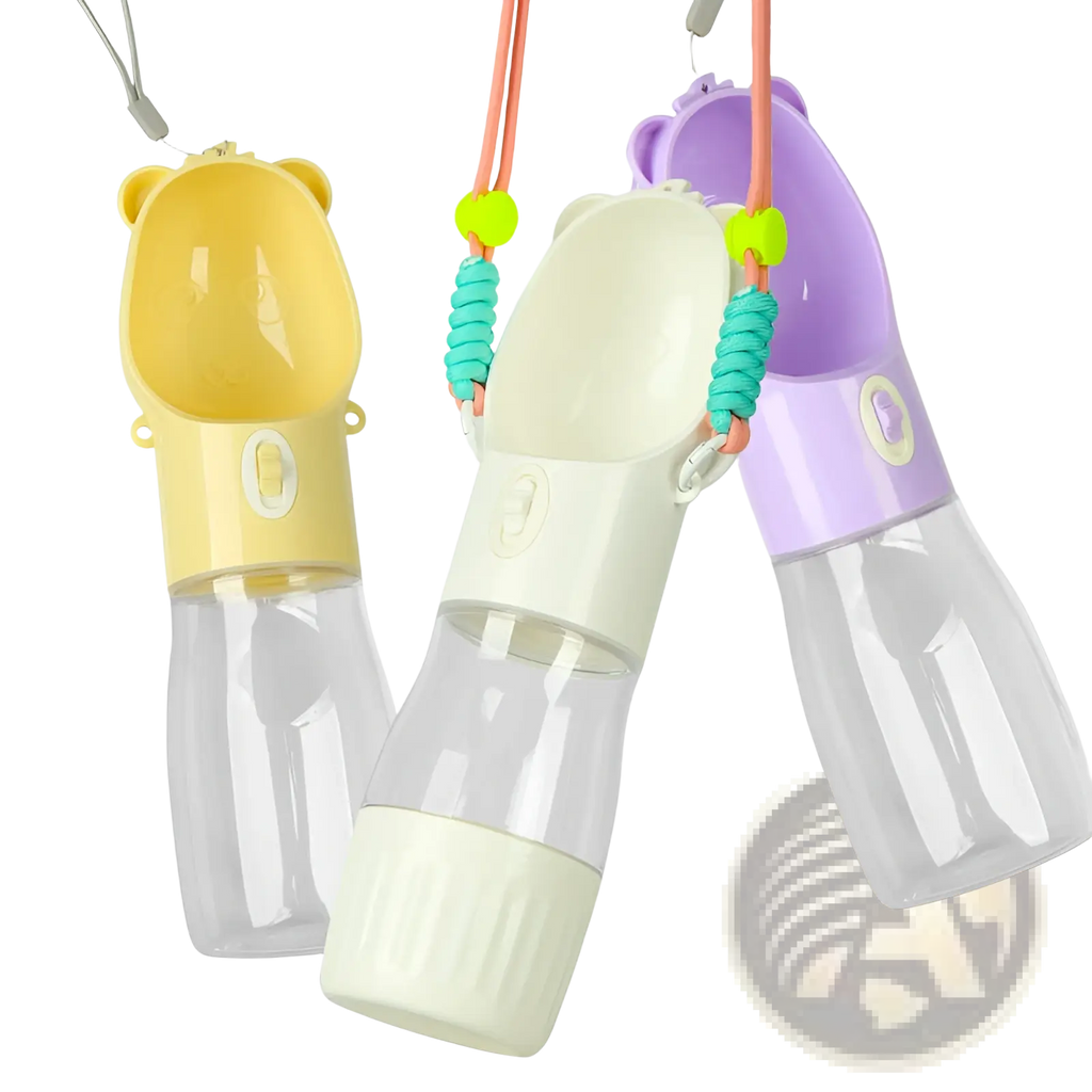 Three colorful bear-shaped portable dog water bottle food feeders with transparent bodies and pastel yellow cream and purple tops