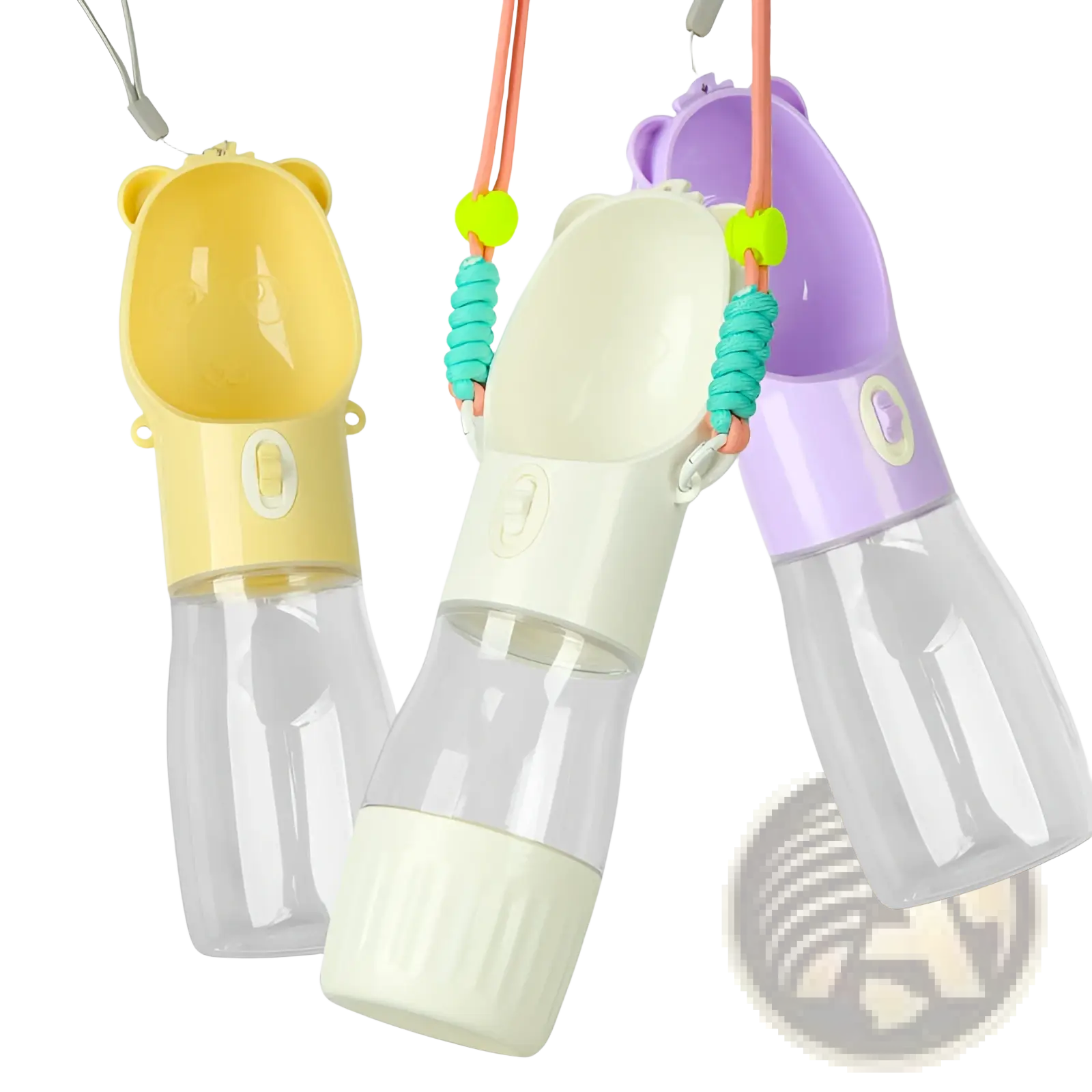 Three colorful bear-shaped portable dog water bottle food feeders with transparent bodies and pastel yellow cream and purple tops