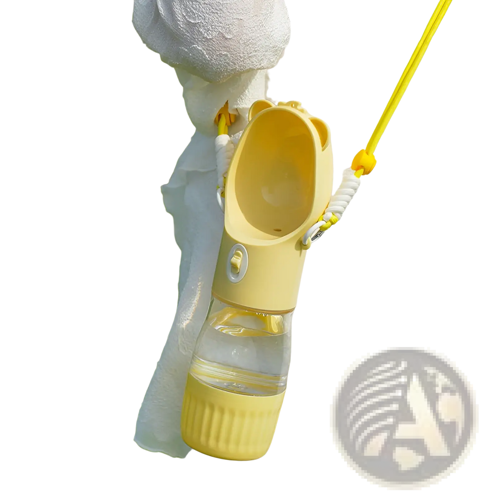 Yellow bear-shaped portable dog water bottle with clear glass body and yellow silicone accents for feeding and hydration